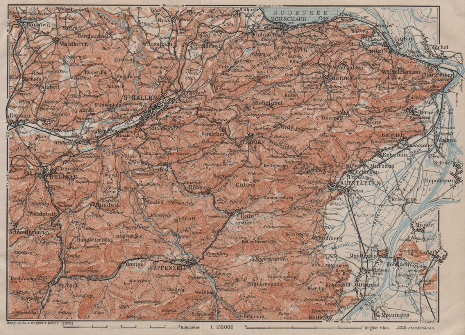 ST GALLEN/APPENZELL area. Herigau Altstätten Heiden Rheineck Rorschach 1911 map